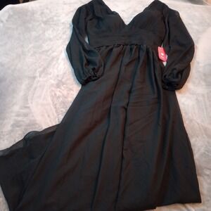 JJ‎ House Dress Black Long Chiffon Overlay Double V-Neck Floor Length Formal